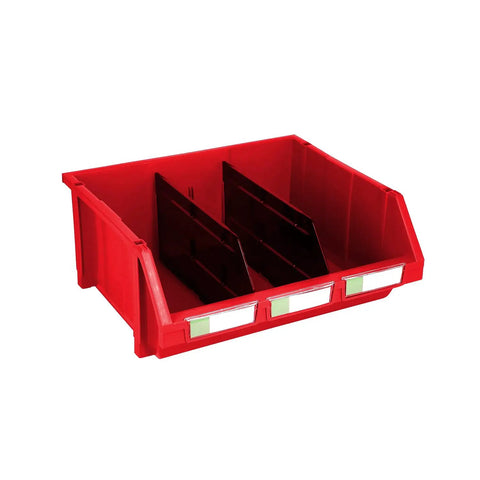 Dang Tough Heavy Duty Stackable Storage Bins In Bold Red With Side Connect Hooks For Garage Workshop Tool Organization Durable poly red bin with dividers.