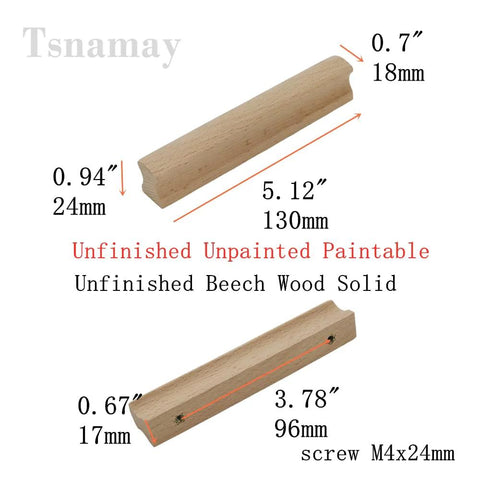 Six Unfinished Beech Wood Furniture Pull Handles Set For Cabinets And Drawers, Unpainted Paintable, 5.12 Inch Length Diagram