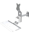 Top Tier Industrial Wall Mount Keyboard Tray With Articulating Monitor Arms and Heavy Duty Foldable Desktop Organizer, silver design.
