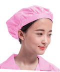 Solid 4 Pack Fresh Pink Anti Static Workshop Hats Hella Breathable Mesh Caps worn on a woman in a cleanroom setting.