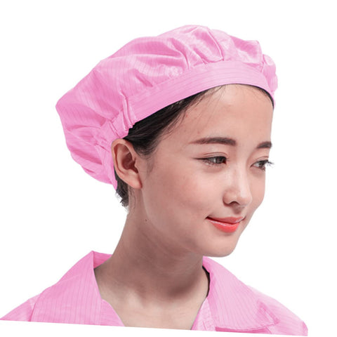 Solid 4 Pack Fresh Pink Anti Static Workshop Hats Hella Breathable Mesh Caps worn on a woman in a cleanroom setting.