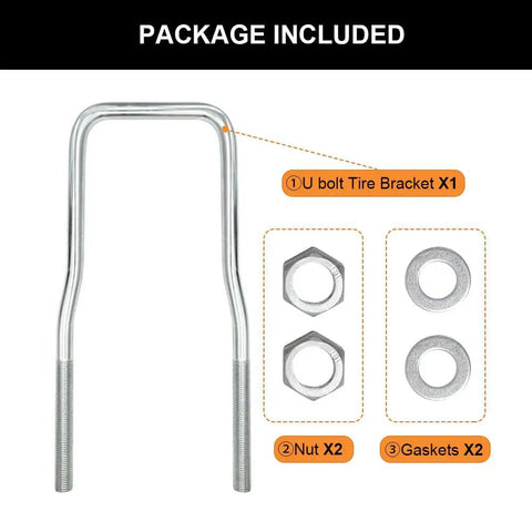 Trailer Spare Tire Mount Bracket U Bolt Tire Carrier Holder Side Mount Fits 4 Lug 5 Lug Up To 15 Inch Tire Easy Install Heavy Duty Gear For Trailers And Utility Vehicles package contents with U-bolt, nuts, and gaskets