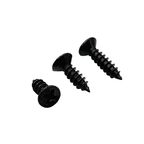 Black Carbon Steel Self Tapping Wood Screw Set With Cross Countersunk Heads, showing three screws on white background.