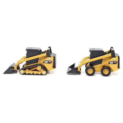 Two-piece 1/64 scale skid steer loader and compact track loader set with working arms, diecast metal build, realistic cab detail.