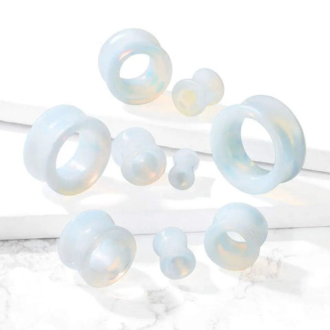 Opalite Organic Stone Hollow Tunnel Ear Gauges Set In White Dope Double Saddle Beveled Center Flesh Plugs, Hollow Earlobe Tunnels, Sold In Pairs, 10mm To 00 Gauge