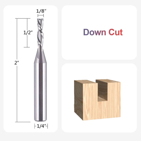 SpeTool 5-piece down-cut spiral router bit set with 1/4-inch shank and 1/8-inch cutting diameter for wood.