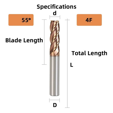 Heavy Duty Tungsten Steel Carbide End Mill Cutter With Alloy Coating For Precision Machining, 55° blade, 4F length.