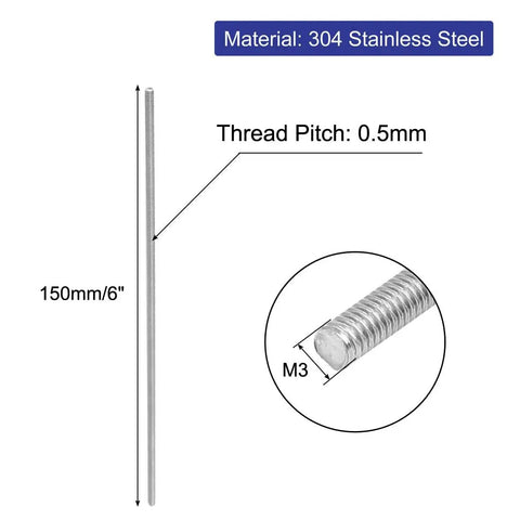 M3 X 150mm 0.5mm Pitch 304 Stainless Steel Fully Threaded Rods Pack Of 10 For DIY And Pro-Grade Builds, Silver Finish