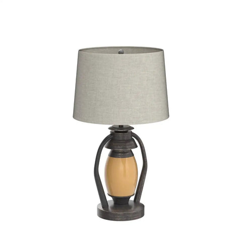 Lantern Table Lamp with rustic oil-rubbed bronze finish and linen shade, part of set of 2 with dimmable light and USB port.
