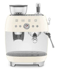 Top Shelf Semi Automatic Espresso Machine With Built In Conical Burr Grinder Dual Thermoblock Heating Precision Controls And Authentic 1950s Retro Vibe In Smooth Cream Finish, front view with gauge and stainless steel wand.
