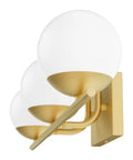 Slick Gold Vanity Light Fixture Three Light Mid Century Modern Bathroom Wall Sconce With Milky Glass Globe, illuminated side view
