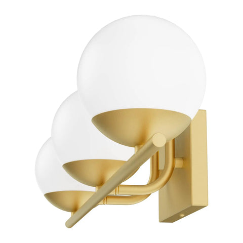 Slick Gold Vanity Light Fixture Three Light Mid Century Modern Bathroom Wall Sconce With Milky Glass Globe, illuminated side view