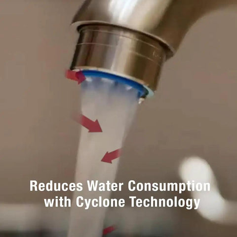 Dual Thread Water Saving 1.5 GPM Aerator In Chrome Fits 15/16 Inch 27M Or 55/64 Inch 27F Watersense Certified Cyclone Aerated Stream Delivers Strong Pressure While Slashing Water Use Up To 30 Percent shown on faucet with water flow.