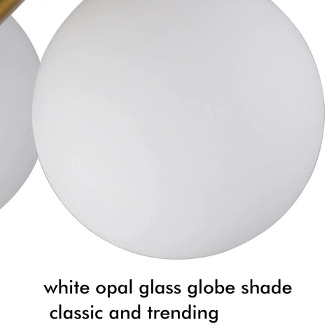 Close-up of white opal glass globe shade from Gold Sputnik Ceiling Light Fixture With Globe Shades, Modern Industrial Style Lighting