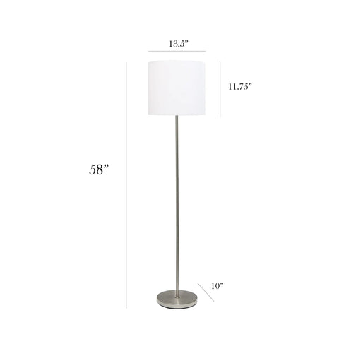 Brushed Nickel Floor Lamp With White Fabric Drum Shade Tall 58 Inch Dope Modern Look Featuring A Foot Switch Simple Yet Sleek Living Room Bedroom Hallway Lighting, dimensions shown.