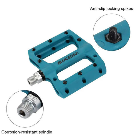 Ultralight Non Slip Nylon Fiber Mountain Bike Pedals Flat Platform Nine Sixteenth Inch Spindle For MTB BMX And Road Cycling Grippy Durable Pedals In Blue, showing anti-slip spikes and corrosion-resistant spindle.