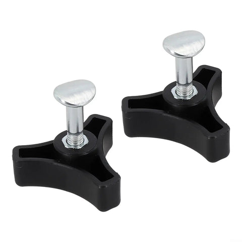 Heavy Duty Triangle Handle Knob Nut And Bolt Set For Lawn Mower Replacement 2 Pack Sturd Plastic Fastener 50 Mm Long Secure Connection Durable Parts. Two black plastic triangle knobs with bolts
