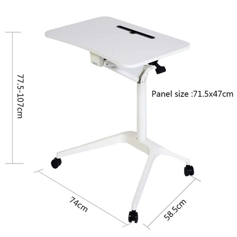 Mobile Standing Desk With Smooth Roll Casters Height Adjustable Sit To Stand Laptop Table Kick Back Remote Work Hub Rock Solid Rolling Cart With Pneumatic Height Adjustment, white, dimensions shown.