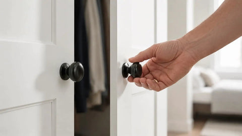2 Pack Matte Black 1.6 Inch Large Bifold Closet Door Knobs With Wide 41mm Backplate For Full Coverage Renovation Ready Covers Old Marks And Exposed Screw Holes Easy Upgrade For Modern Closets on white closet doors