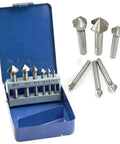 Heavy Duty Woodworking Drill Bit Kit With Dead Center Tower Auger And Quick Strike Punch displayed in blue case with various sizes.