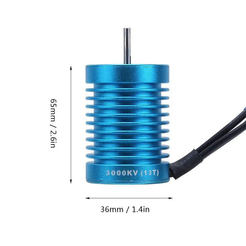 High Torque 4 Pole Brushless RC Motor 3000KV 13T For 1/10 Scale RC Cars, blue motor dimensions 36mm x 65mm