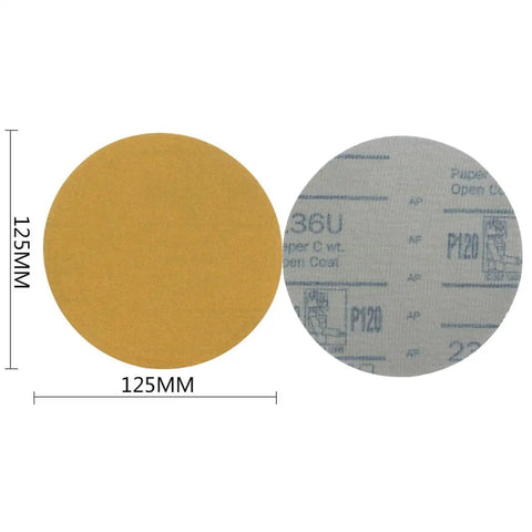 Two 125mm self-adhesive sanding discs for rotary tools, showing different grits, yellow and white, for smooth polishing.