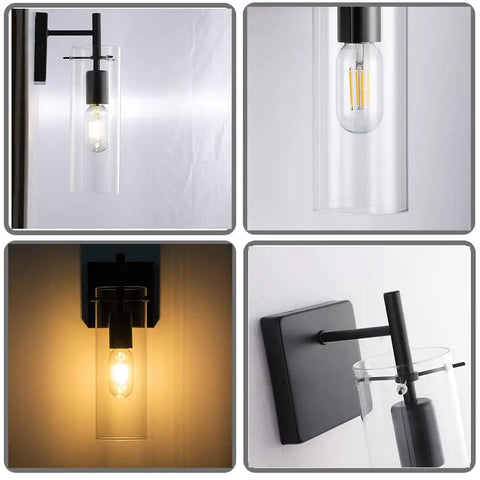 Black Wall Sconce Set Of 2 Modern Bathroom Vanity Lights Featuring Clear Glass Shades And Sturdy Metal Black Finish Perfect Wall Lighting Fixtures For Bedroom Mirror Living Room Farmhouse Decor Easy Installation Up Or Down Mount displayed in close-up and various angles