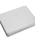 Closed silver rectangular metal tin box with smooth surface