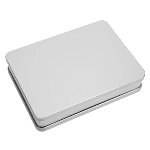 Closed silver rectangular metal tin box with smooth surface