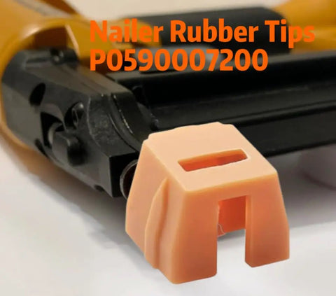 Crank Out Projects Faster With This Heavy Duty Replacement Nailer Pad Kit 5 Piece Tip Rebuild Set showing pink rubber tip beside nail gun.