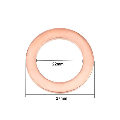 Copper Crush Washers 22x27x1.5mm Flat Ring Seal Gasket For Fittings M22 Pack Of 24 Durable Heat Resistant Seals For Automotive Plumbing And Engine Bay Use shown with 22mm inner and 27mm outer diameter