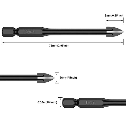 Side view of a 6mm masonry tile drill bit with 1/4-inch hex shank; 75 mm length and 9 mm tip