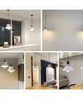 Collage of Modern E26 Concrete Pendant Lights Set With Industrial Cement Vibe, white fixtures in dining and living spaces.