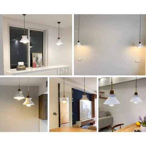 Collage of Modern E26 Concrete Pendant Lights Set With Industrial Cement Vibe, white fixtures in dining and living spaces.