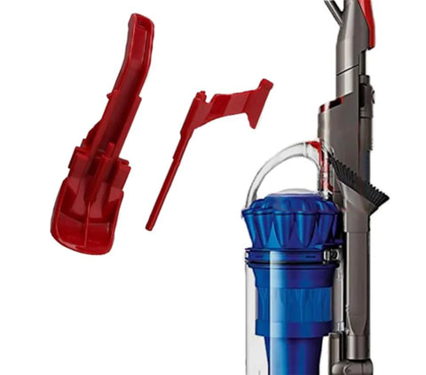 Red Cyclone Canister Button Release Catch Clips For DC65 Vacuum Cleaner, three sets shown alongside a vacuum unit.