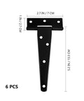 Heavy Duty T Hinges Six Pack Rust Proof Iron Build with dimensions, solid black design for weather ready barns and cabinets.