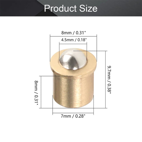 5 Pack Hella Sturdy Brass Ball Plungers Heavy Duty Cabinet Door Pull Buttons No Sweat Drawer Catch Latches Top Notch Closet Hardware Replacement Real Deal Spring Loaded Push Catches, showing dimensions 7mm dia, 8mm height.