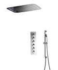 Kick Back From The Daily Grind With This Top Tier Thermostatic Chrome Shower System Featuring Bright LEDs Dual Outlet Design Rain And Handheld Heads Four Spray Modes Bathroom Mixer - chrome ceiling rain head with LED lighting and handheld wand.