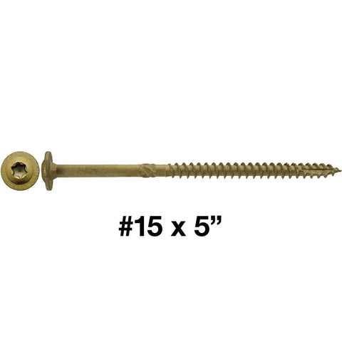 Beefy Five Inch Lag Screw With Exterior Coating Torx Star Drive, shown with a truss washer head and #15 size designation.