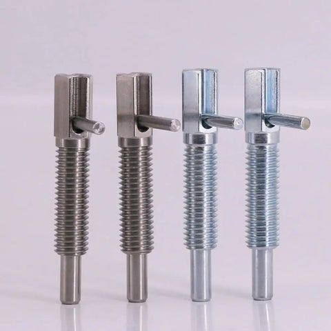 Four Pack M12 Retractable Indexing Plunger Pins Crafted From Heavy Duty Carbon Steel With Rock Solid Spring Loaded Latches And Easy Pull L Shaped Handles For Reliable Job Site Use, showcasing various pin designs.