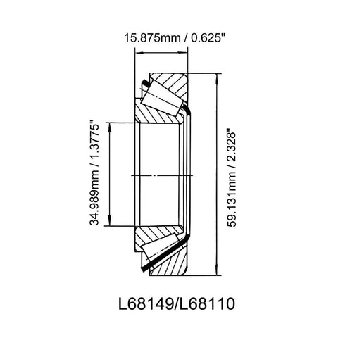 Tapered Roller Bearing Cone and Bushing Kit for Single Row Bearings L68149 L68110 diagram with measurements