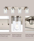 4 Light Brushed Nickel Bathroom Vanity Light Fixture With Seeded Glass Wall Sconce details and close-ups of features.