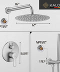 Shower System With Tub Spout And Handheld Rainfall Shower Head Wall Mounted In Brushed Nickel 12 Inch High Pressure Rain Shower Set With Single Handle Hot And Cold Control And Easy Assembly, featuring components and dimensions.