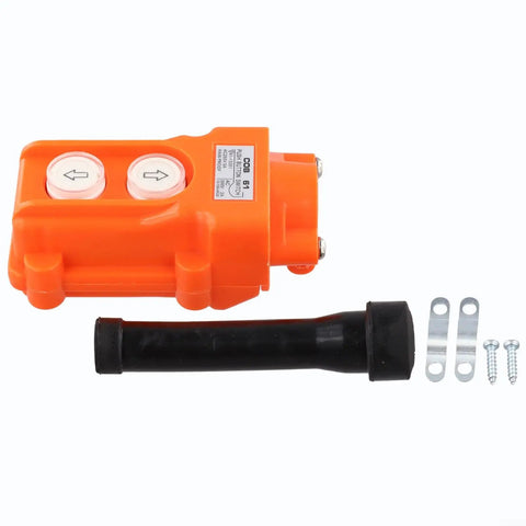 2 Way Push Button Switch Rainproof Hoist Pendant Controller for Outdoor Cranes, Rugged Weatherproof Industrial Switch With Rubber Sleeve, AC 500V 2A Capacity, Beefy Heavy Duty, Easy Setup, Orange Red Device, orange pendant switch with rubber sleeve and mounting parts