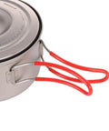 Ultralight Titanium Camping Pot With Folding Handle, 900 Ml Capacity showing red handle and durable titanium lid