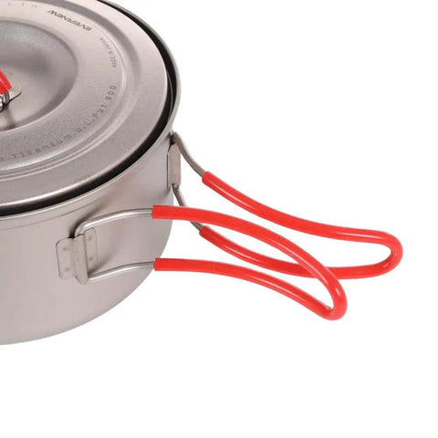 Ultralight Titanium Camping Pot With Folding Handle, 900 Ml Capacity showing red handle and durable titanium lid
