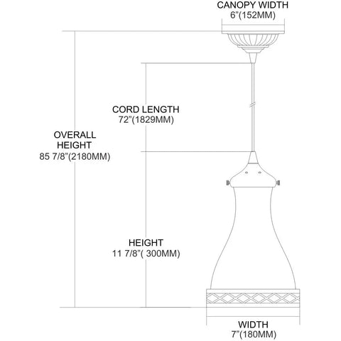 Diagram of Brookline 1 Light Pendant With Glass Shade In Oiled Bronze Finish, 7 Inch Wide By 12 Inch High, dimensions marked.