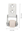 Six Piece Set Of One Inch White Nylon Sliding Roller Guide Wheels For Heavy Duty Furniture And Cabinet Drawer Tracks featuring a close-up of a white nylon roller wheel with mounting bracket.