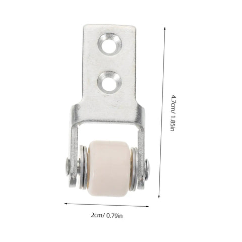 Six Piece Set Of One Inch White Nylon Sliding Roller Guide Wheels For Heavy Duty Furniture And Cabinet Drawer Tracks featuring a close-up of a white nylon roller wheel with mounting bracket.