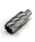 Heavy Duty High Speed Steel Annular Cutter With Weldon Shank Precision Hole Saw For Magnetic Drills And Mill Tools 3/4 Shank 1-7/16 Cut Dia 2 Inch Depth shown from side, showcasing cutting teeth.